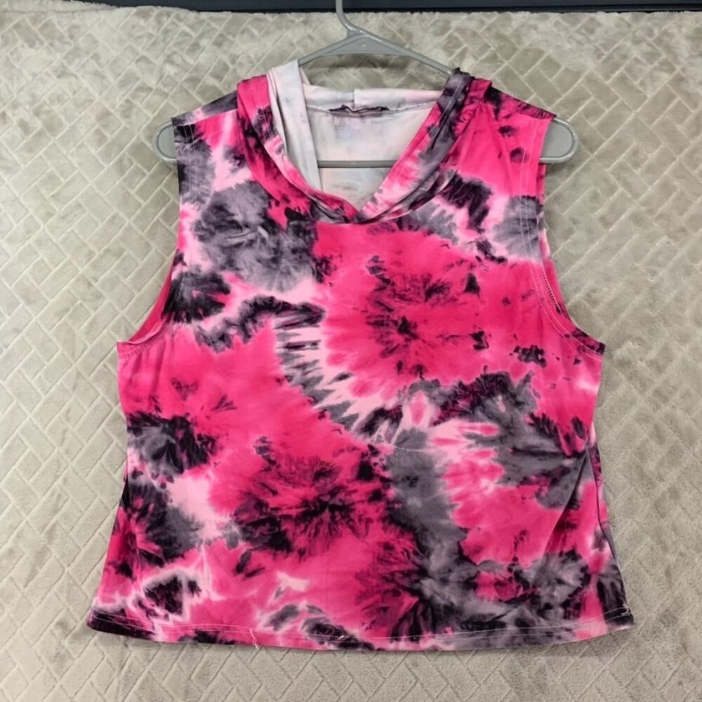 AQ Sport Tank Top Muscle Tee Womens 1X Pink Tie Dye Hooded Cropped Gym Lounge
